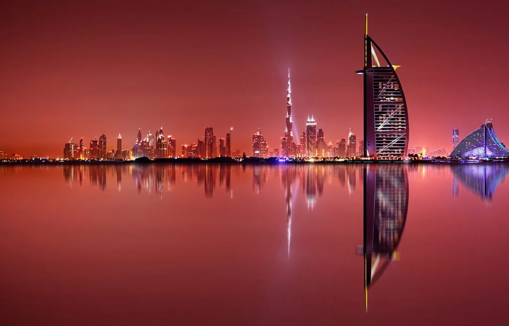 Dubai skyline at night with Burj Al Arab and Burj Khalifa