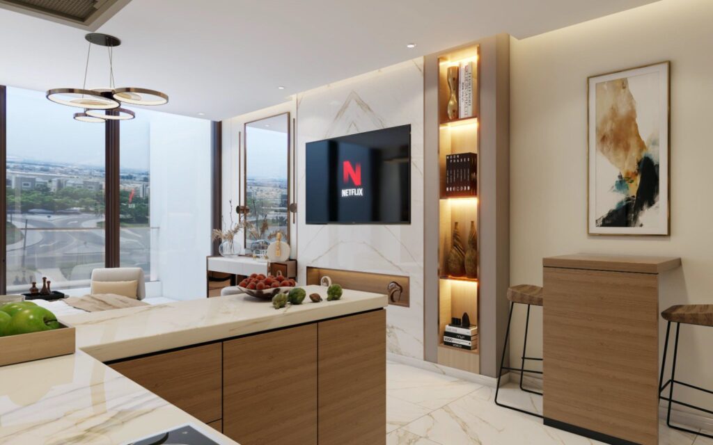 Interior kitchen and living area with TV and balcony view