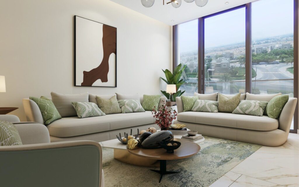Modern living room with sofas and large windows overlooking city