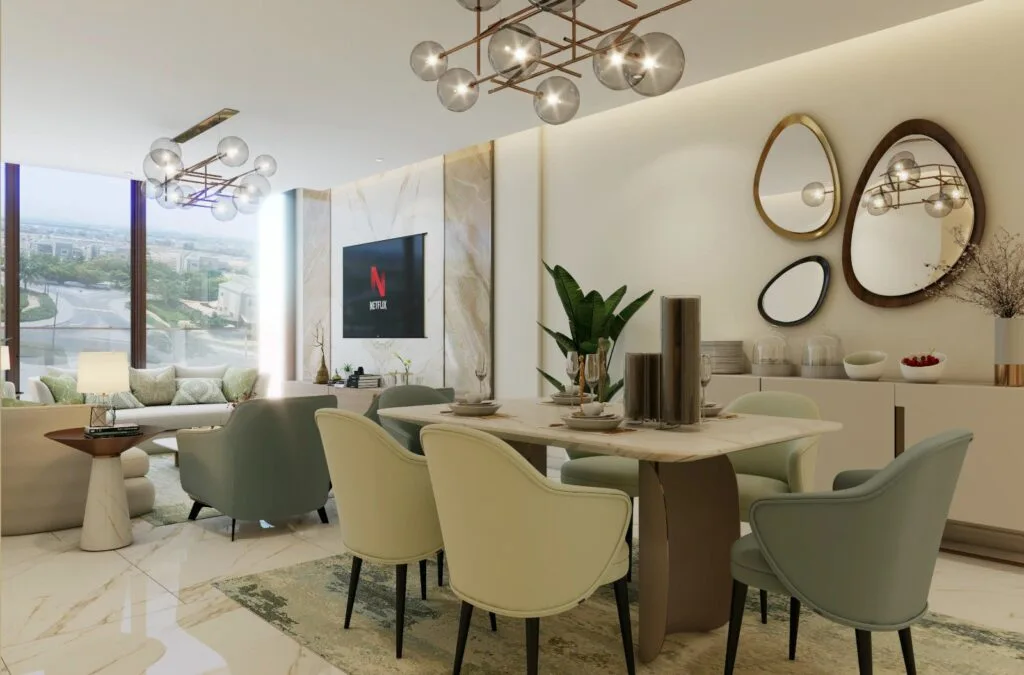 Interior dining and living area with modern furniture and large windows