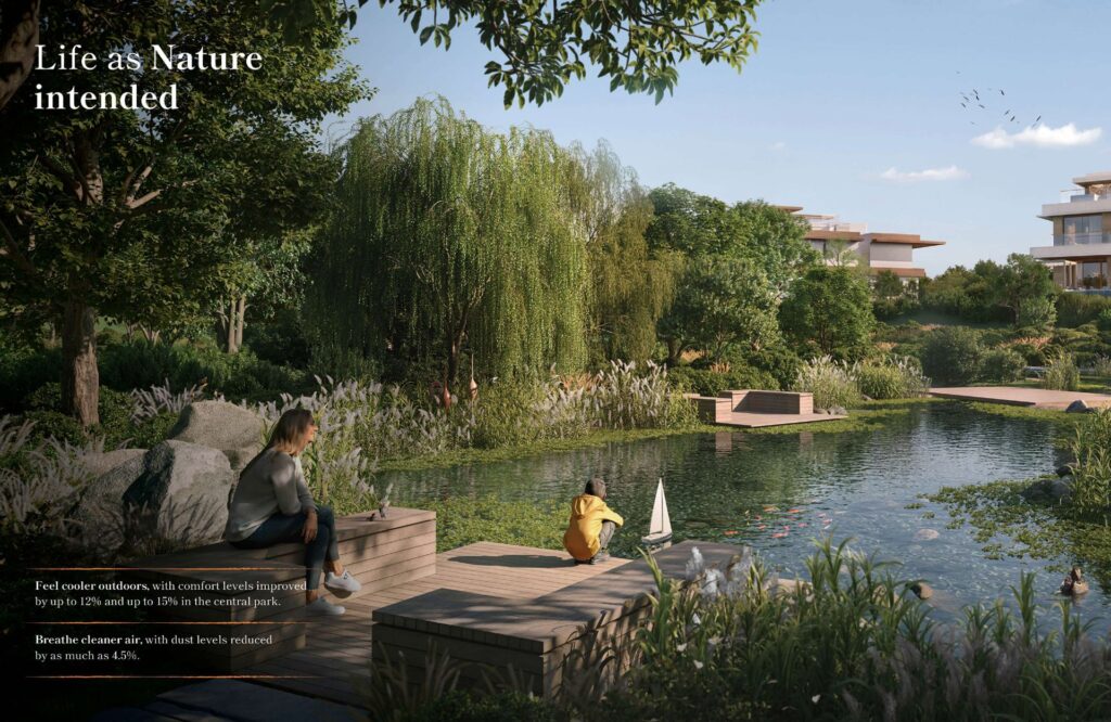 Outdoor park area with pond, trees, and modern buildings