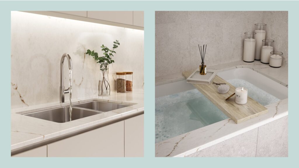 modern kitchen sink and bathtub with candles and decor