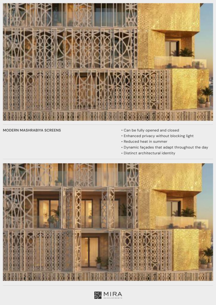 Building facade with modern mashrabiya screens and gold balconies