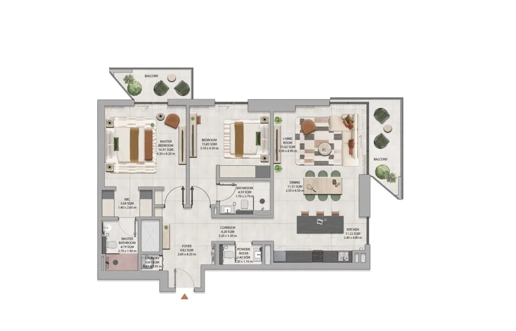 2 bedroom tower apartment floor plan with balconies and rooms labeled