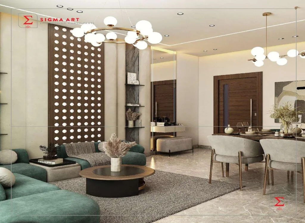 Interior living and dining area with modern furniture and lighting