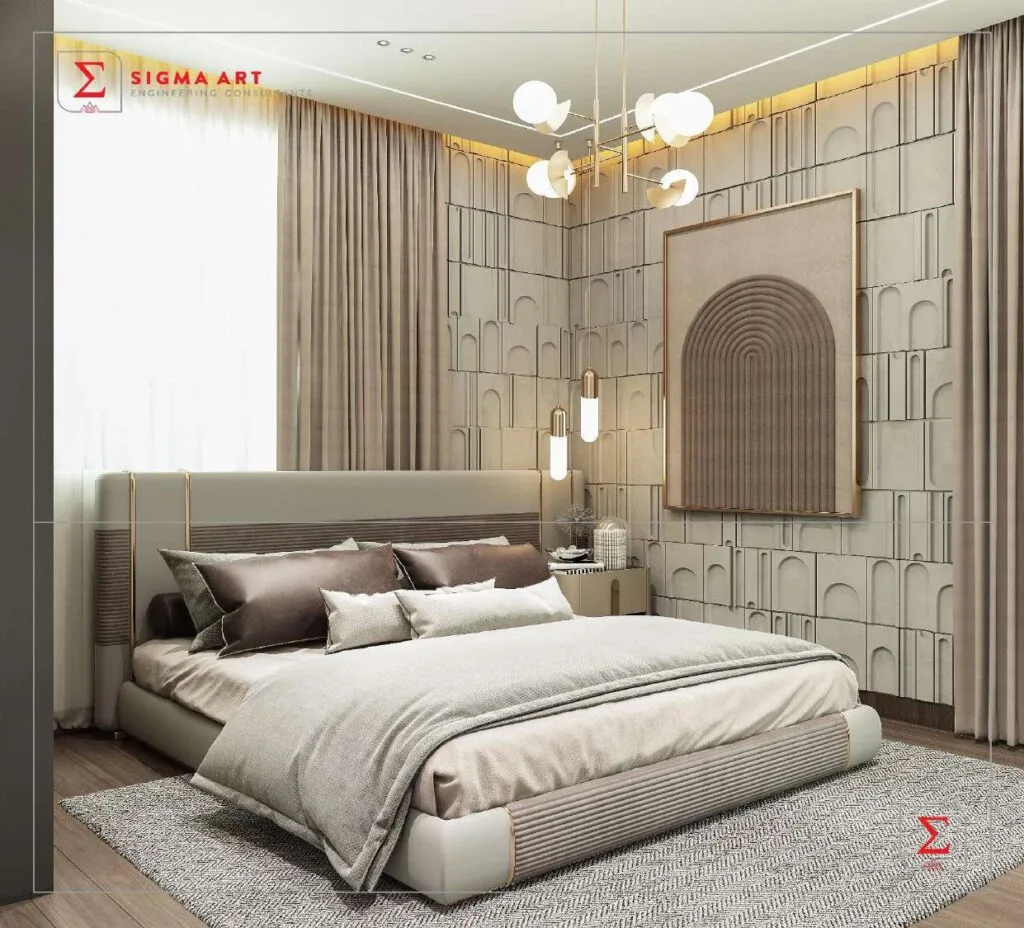 modern bedroom interior with bed and decorative wall art
