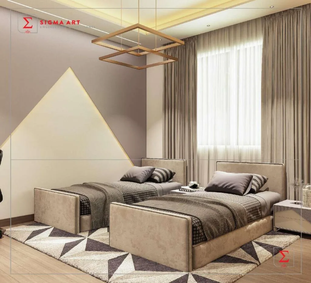 Interior render of bedroom with two single beds and window