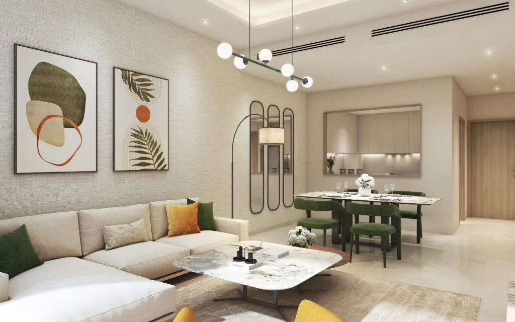 Interior view of dining and living area with modern furniture