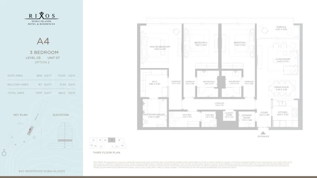 Floor plan of three bedroom apartment with terrace and living areas