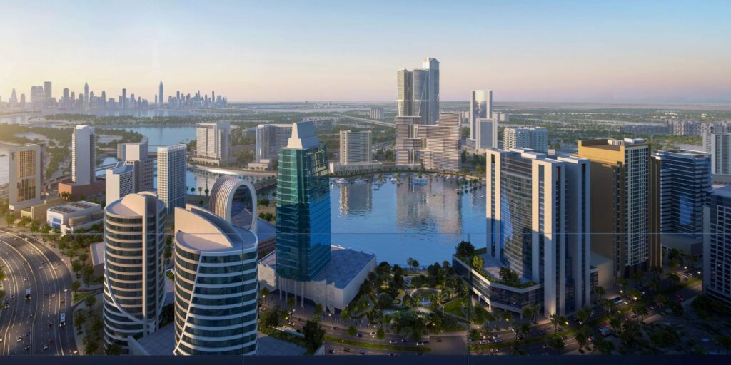 Aerial view of modern buildings around a central water body in a city