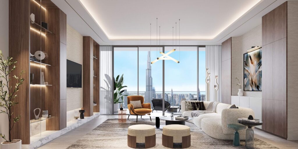 Modern living room interior with large window and city view