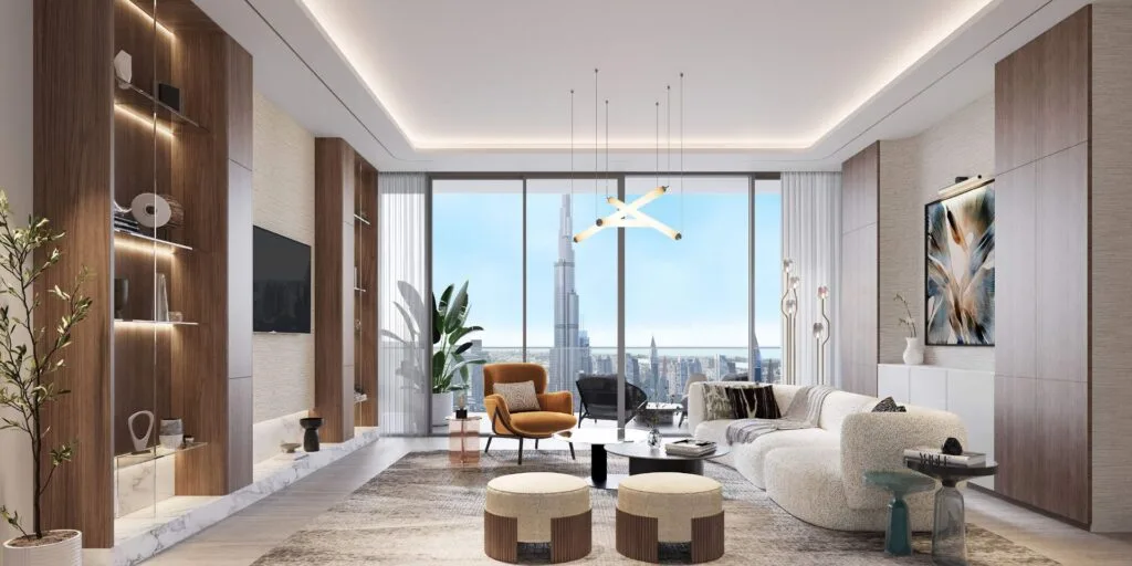Modern living room interior with large window and city view