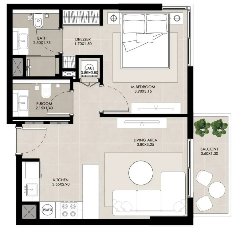 Rosewell Park floor plan 1-спальн.