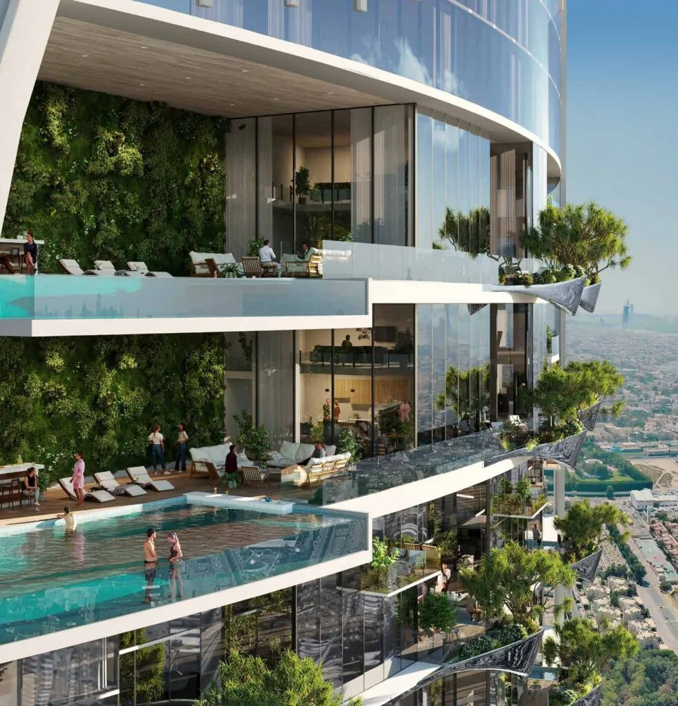 Exterior render of curved building with pool and greenery