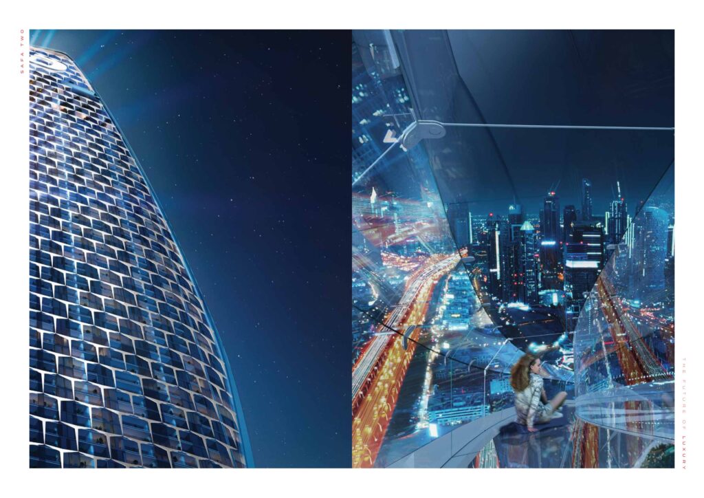 Night view of curved glass building and city skyline with woman inside glass structure
