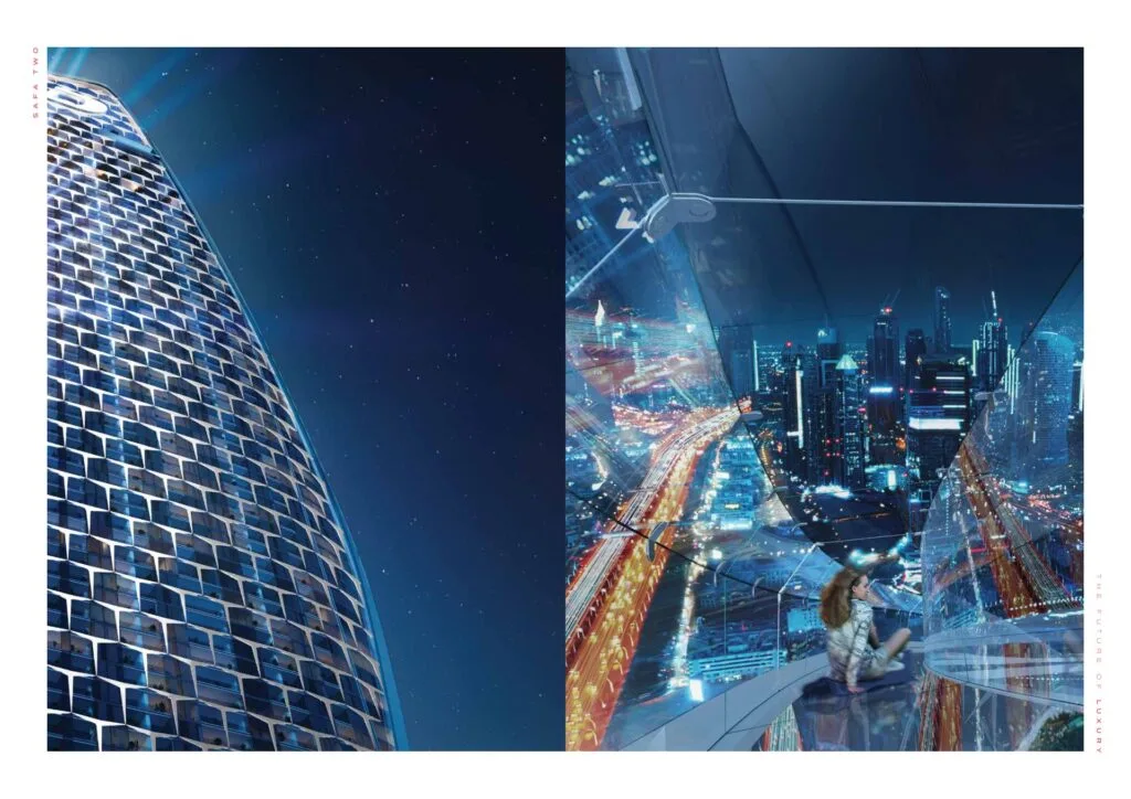 Night view of curved glass building and city skyline with woman inside glass structure