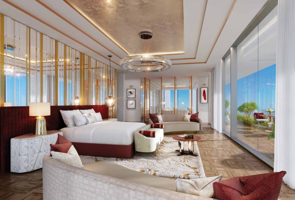 Interior render of a bedroom with seating and large glass windows