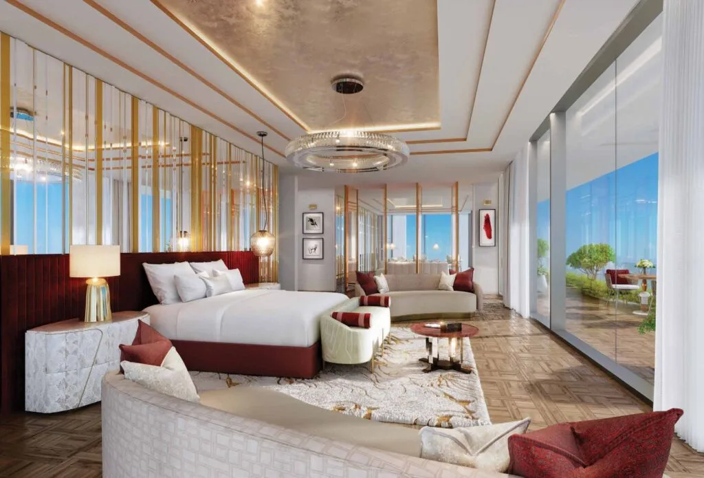 Interior render of a bedroom with seating and large glass windows