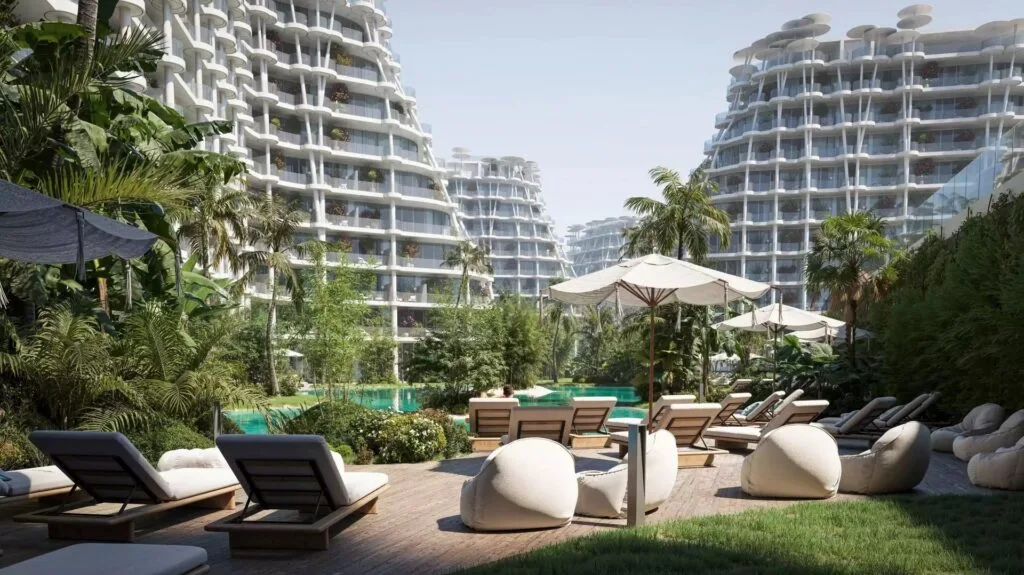 Sakura Gardens pool deck with loungers