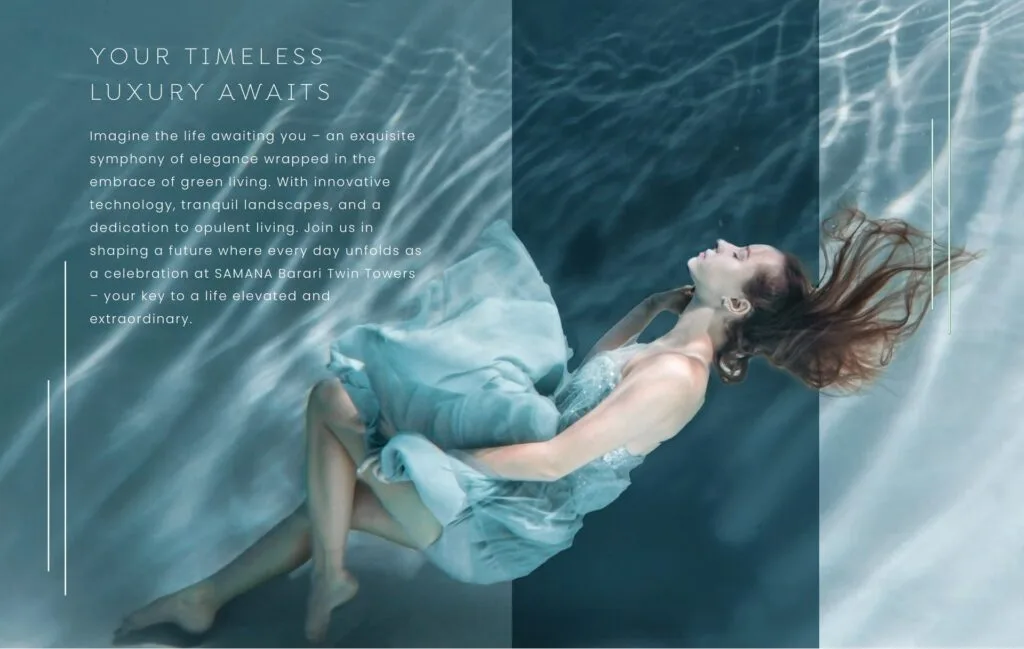 Woman floating underwater in a flowing dress