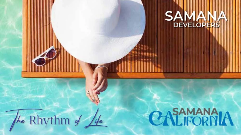 Top view of person with white hat by poolside wooden deck
