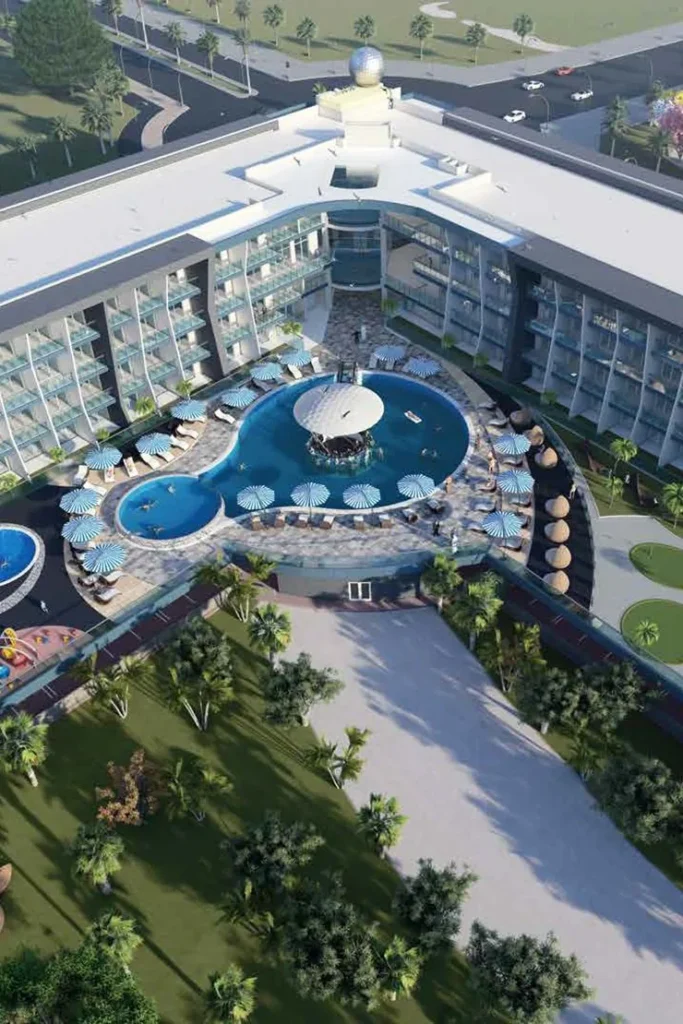 aerial render of the pool courtyard, Samana Golf Avenue, Studio City, Dubai