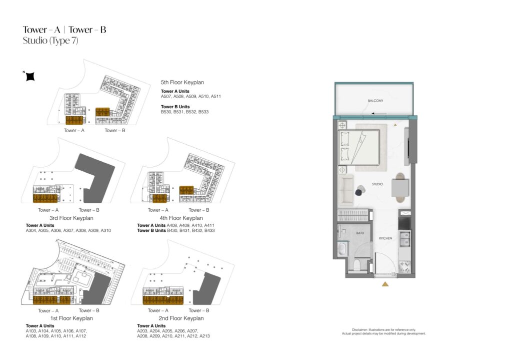 Studio apartment floorplan with balcony and keyplans
