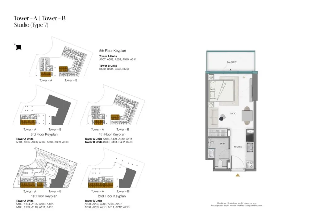Studio apartment floorplan with balcony and keyplans