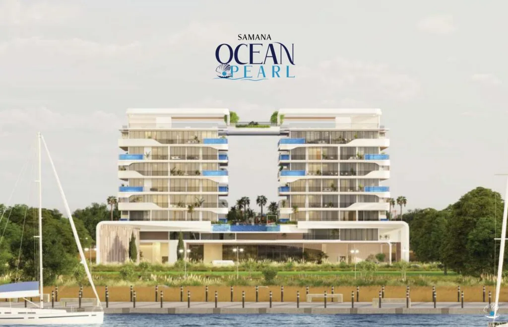 Exterior render of two connected modern residential buildings by water