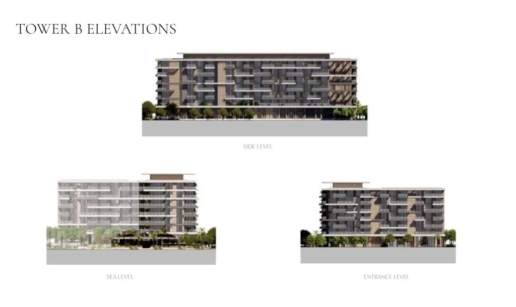 Three architectural elevation views of a mid-rise residential building