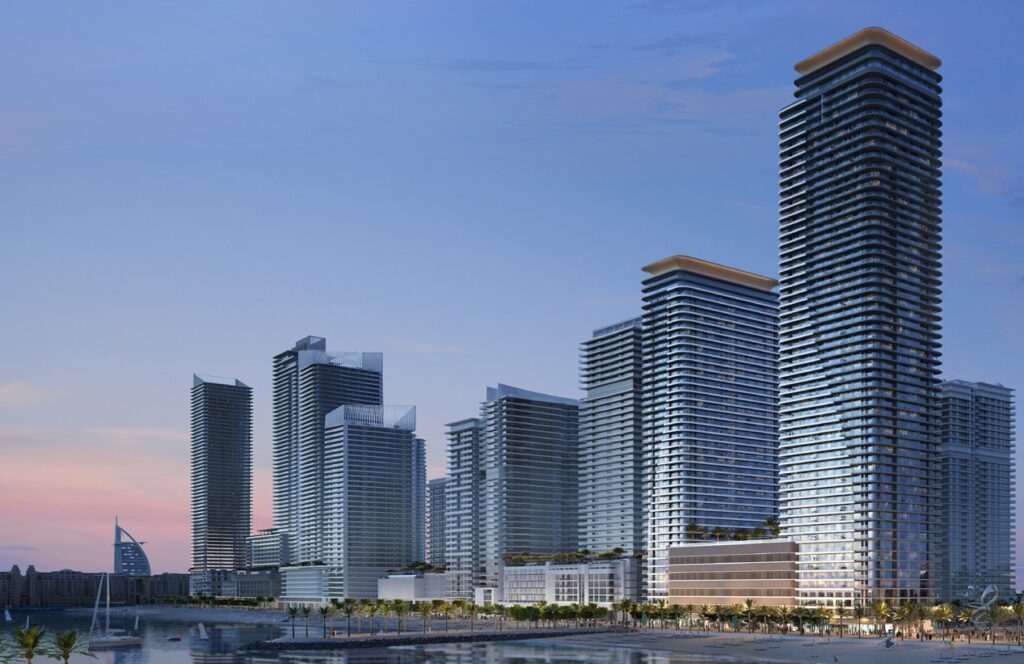 Brochure page with Dubai waterfront property details and images