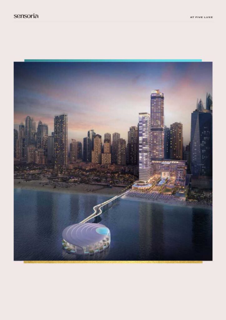 High-rise buildings and waterfront development with pier and circular structure