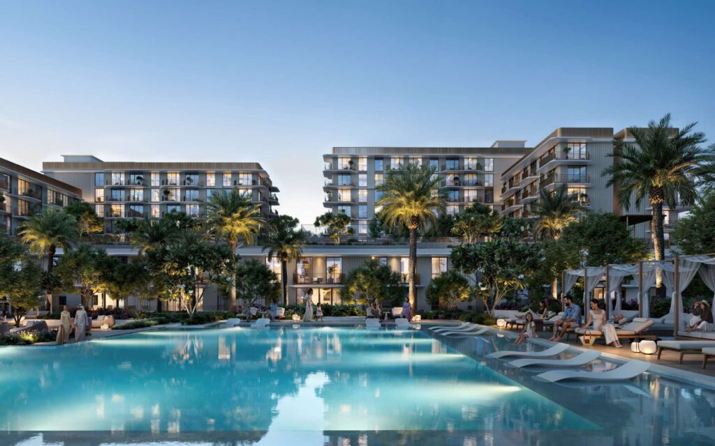 Exterior view of residential buildings with pool and palm trees