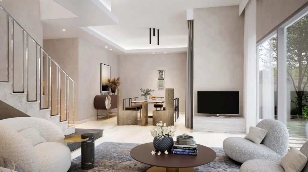 Modern interior living and dining area with large windows