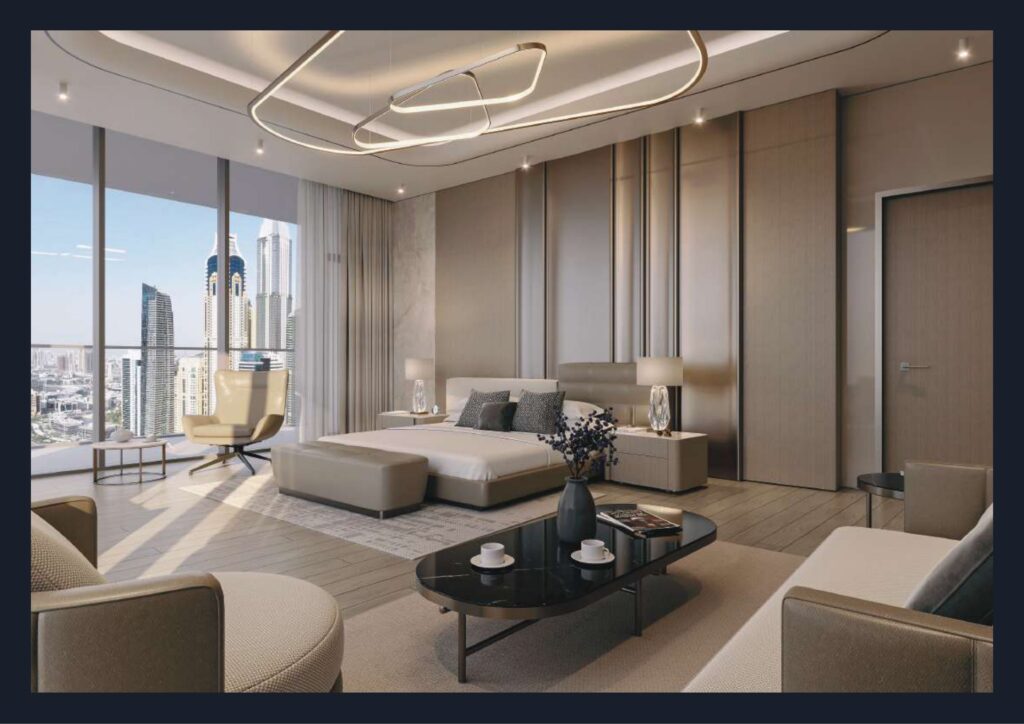 Modern bedroom interior with city view through large windows