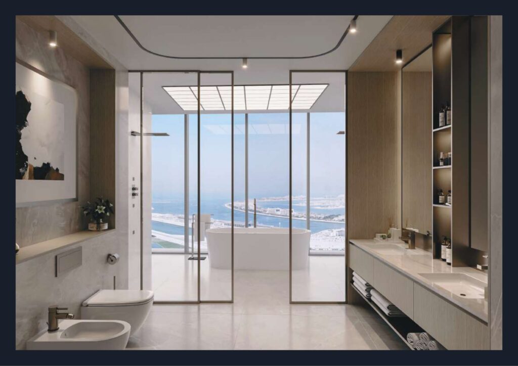 Modern bathroom with bathtub and sea view through glass doors