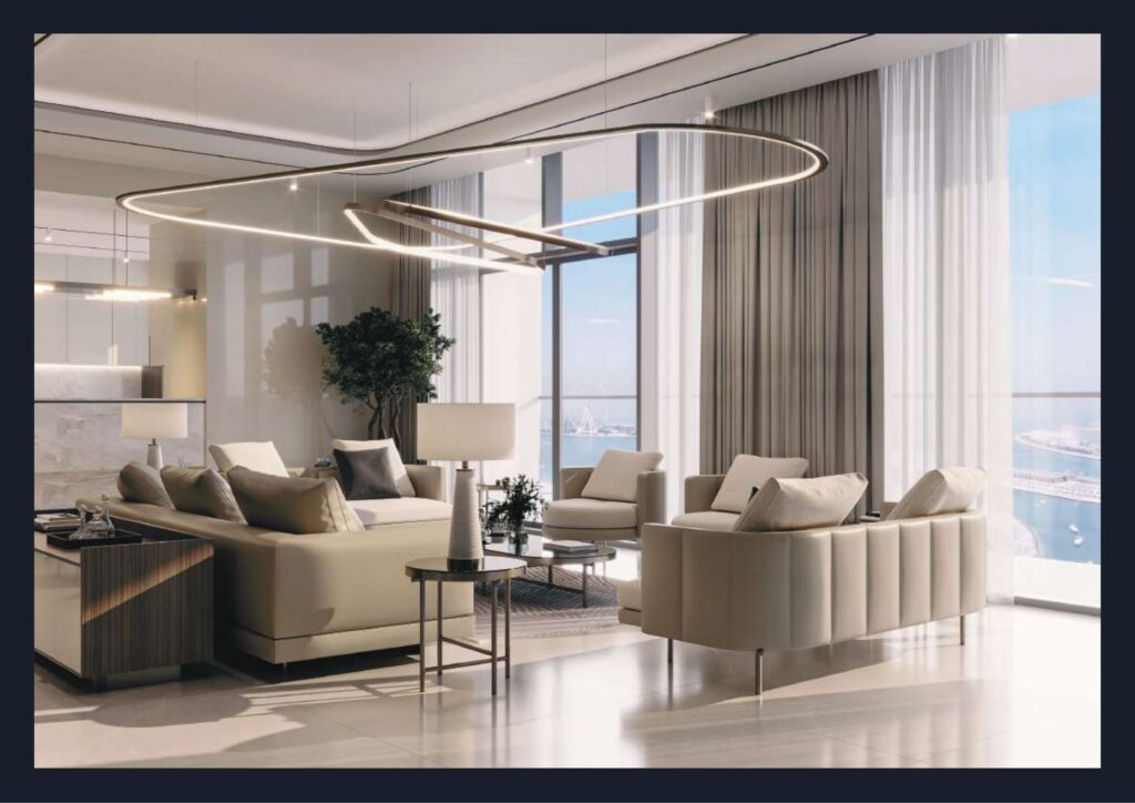 Modern living room interior with large windows and sea view