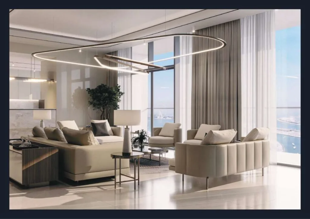 Modern living room interior with large windows and sea view