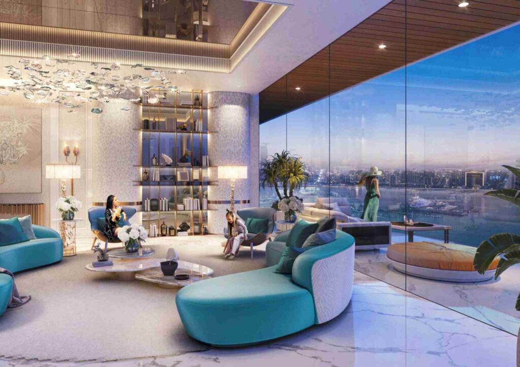 Interior living room with curved sofas and large glass windows