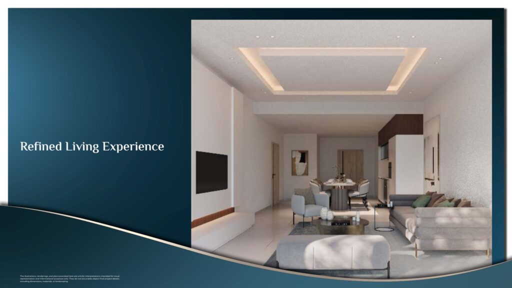 Interior render of a modern living and dining area