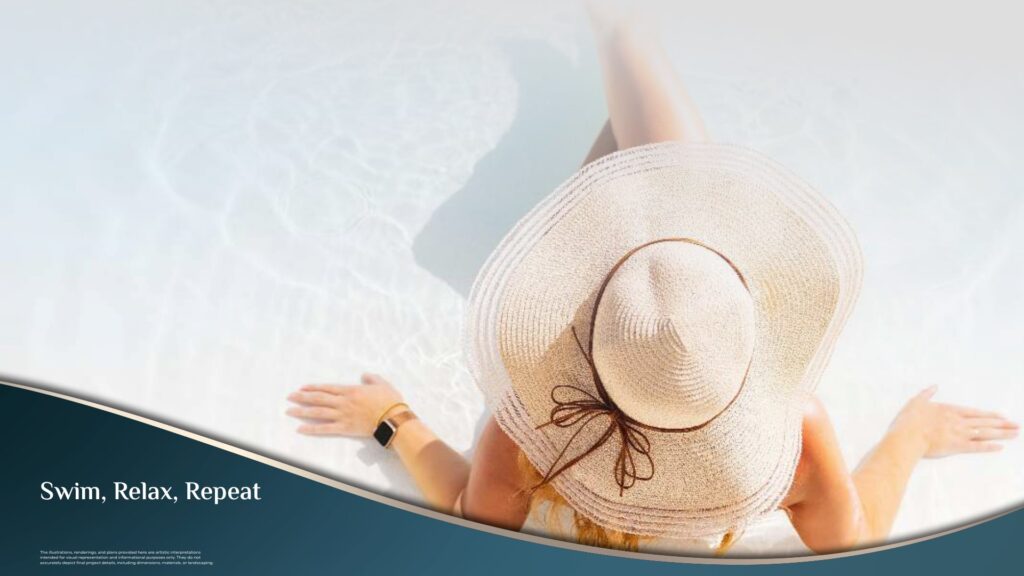 Top view of person sitting at edge of swimming pool wearing sun hat