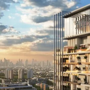 Skyhills Residences 2 rooftop and Dubai skyline view from Jumeirah Village Circle