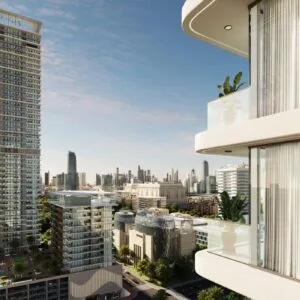 Skyhills Residences 3 towers in Jumeirah Village Circle with the Dubai skyline