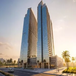 Skyhills Residences twin towers in Dubai Science Park at sunset