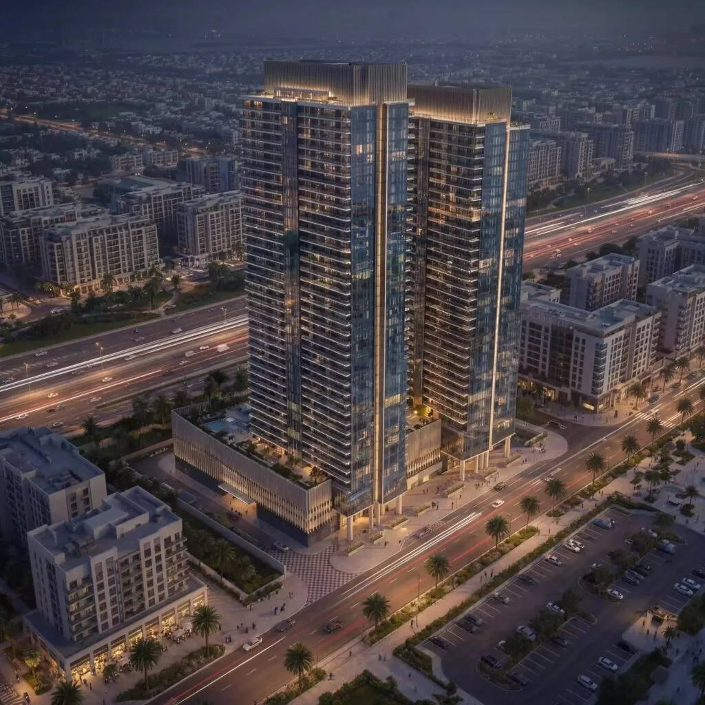 Skyhills Residences towers at night, aerial view of Dubai Science Park
