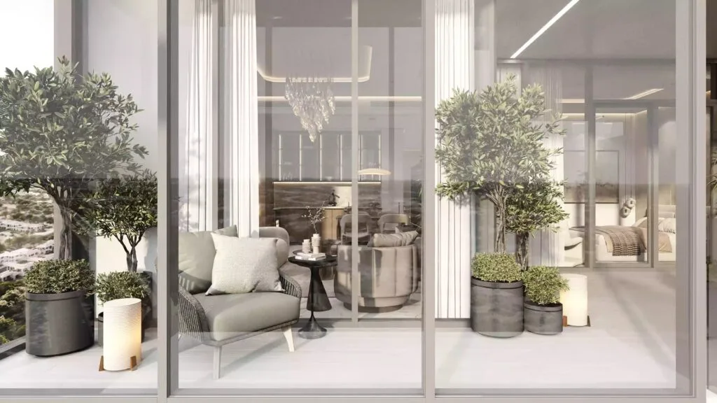 Skyhills Residences apartment living area opening onto the balcony