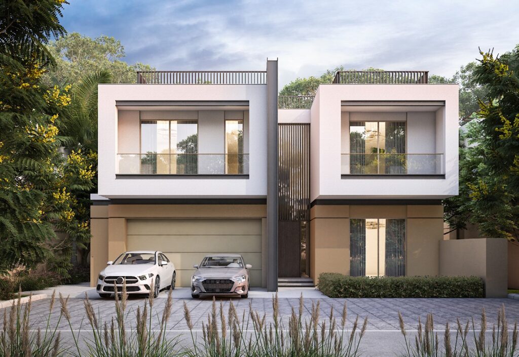 Front view of two modern two-story villas with parked cars