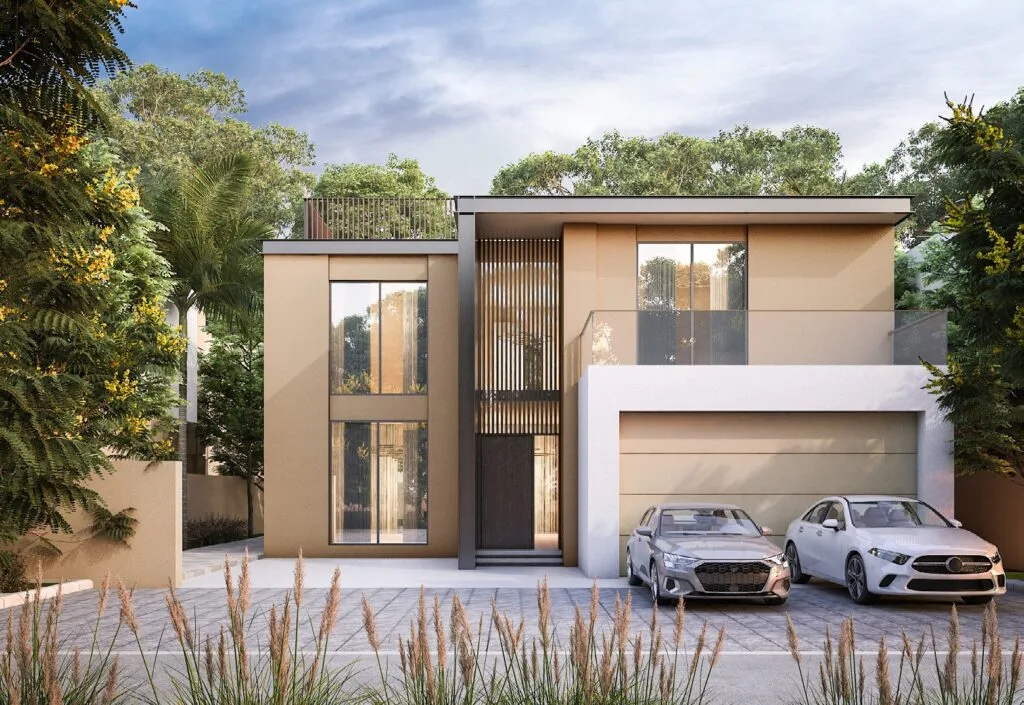 Exterior view of modern two-story villa with cars parked