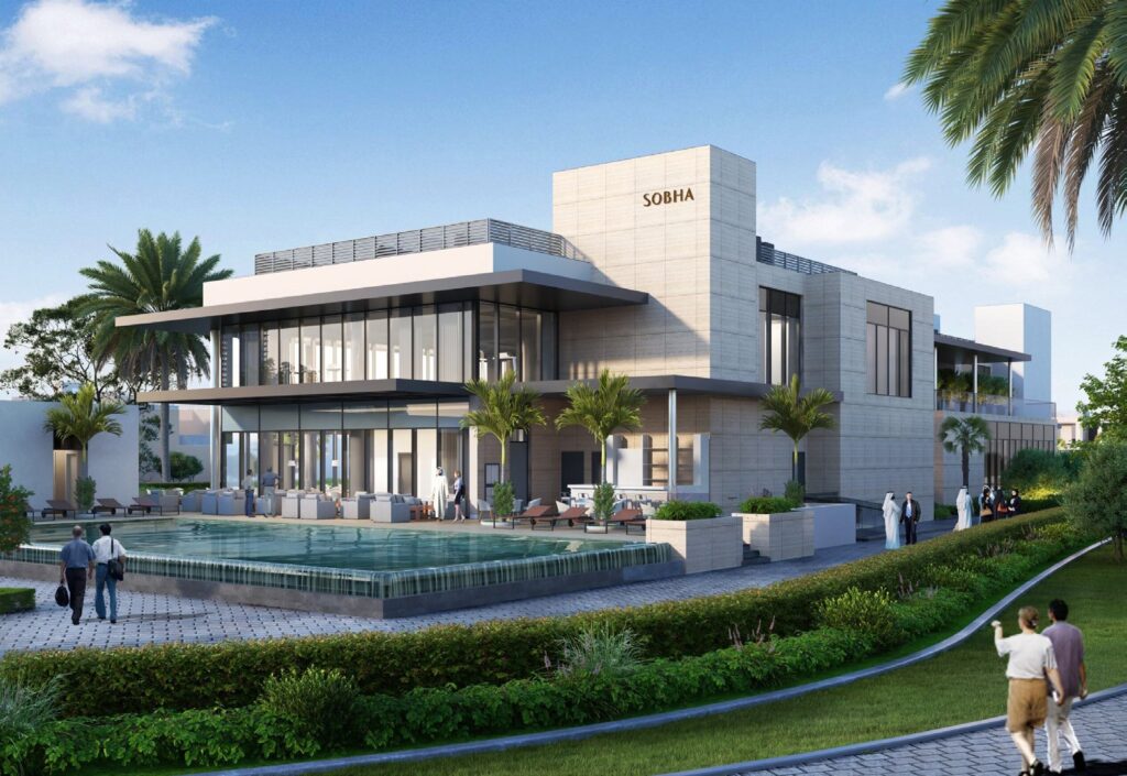 Modern two-story building with pool and palm trees