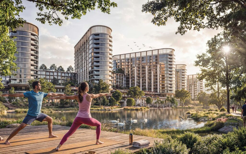 Modern residential buildings by a lake with people doing yoga